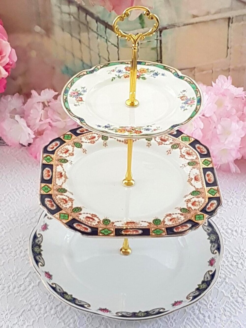 Mismatched Vintage Plate Cake Stand 3 Tier Bespoke Decor Dessert Centerpiece